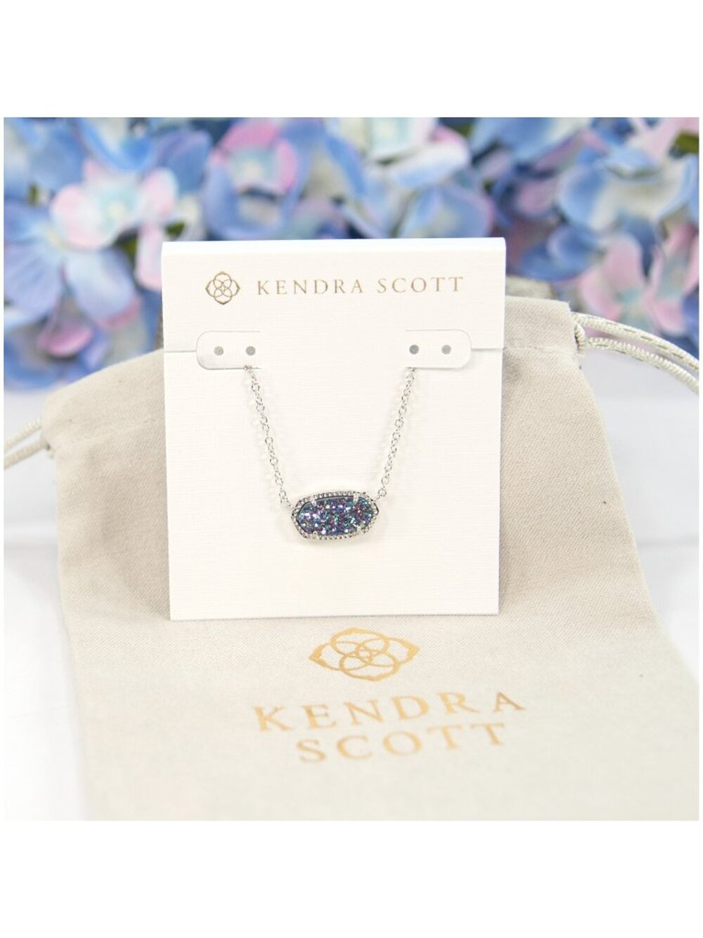 Kendra Scott Elisa Iridescent Drusy Rhodium Silver Pendant Station Necklace NWT